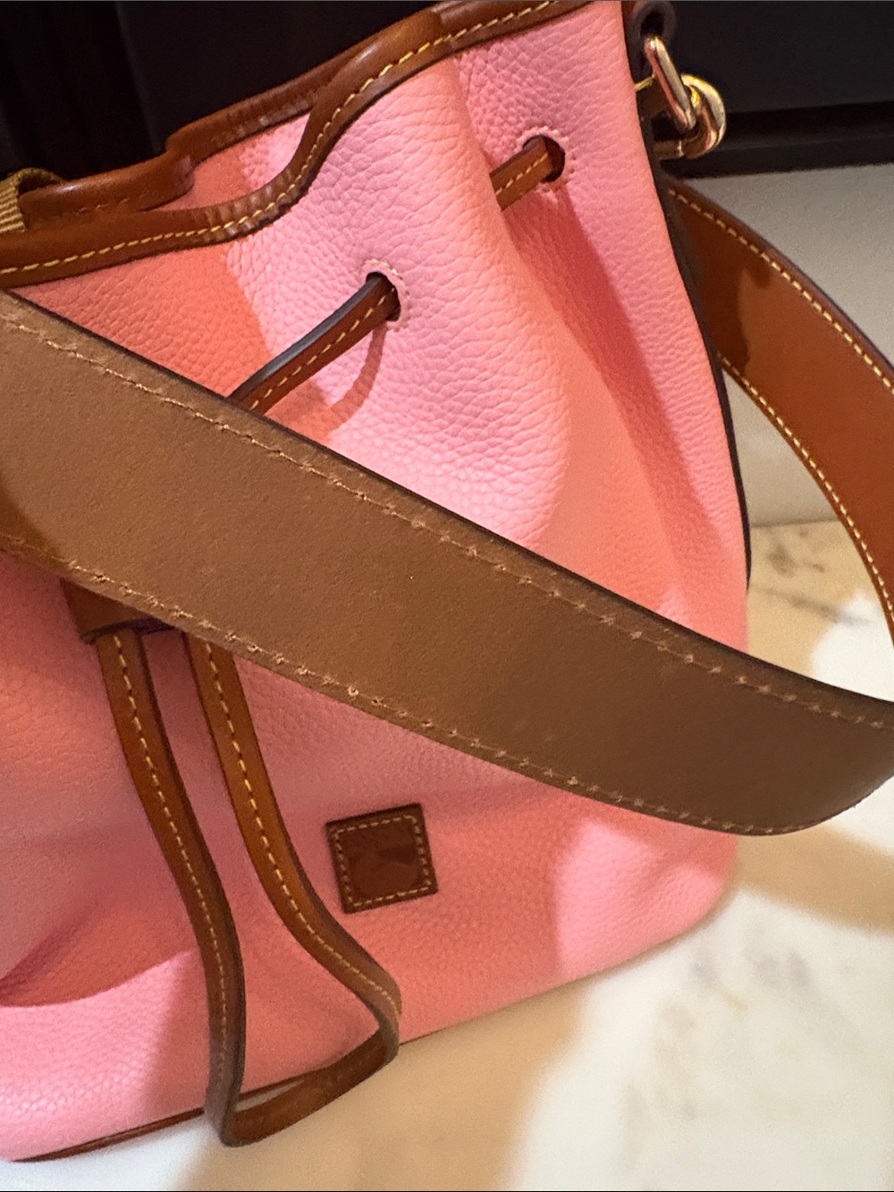 Authentic Dooney & Bourke Pink Pebble Leather Drawstring Bucket Bag with Brown - Picture 2 of 5